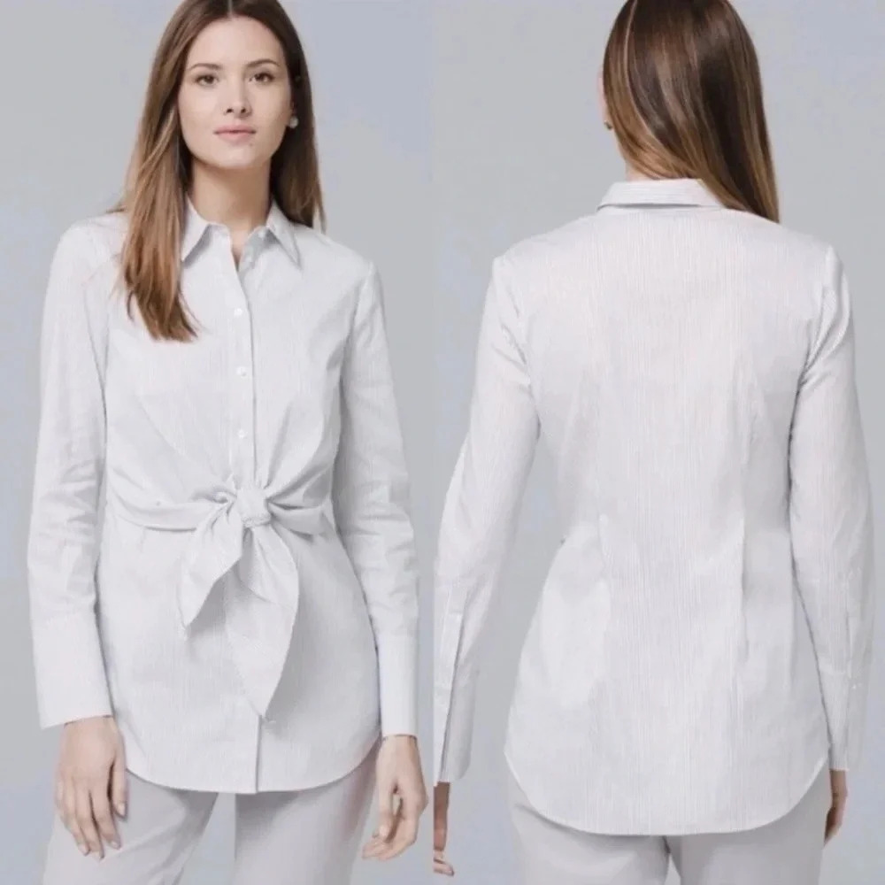 WHBM Women’s Poplin Long Sleeve Button Up Top sz 2 With Tie Crisp Tailored Shirt